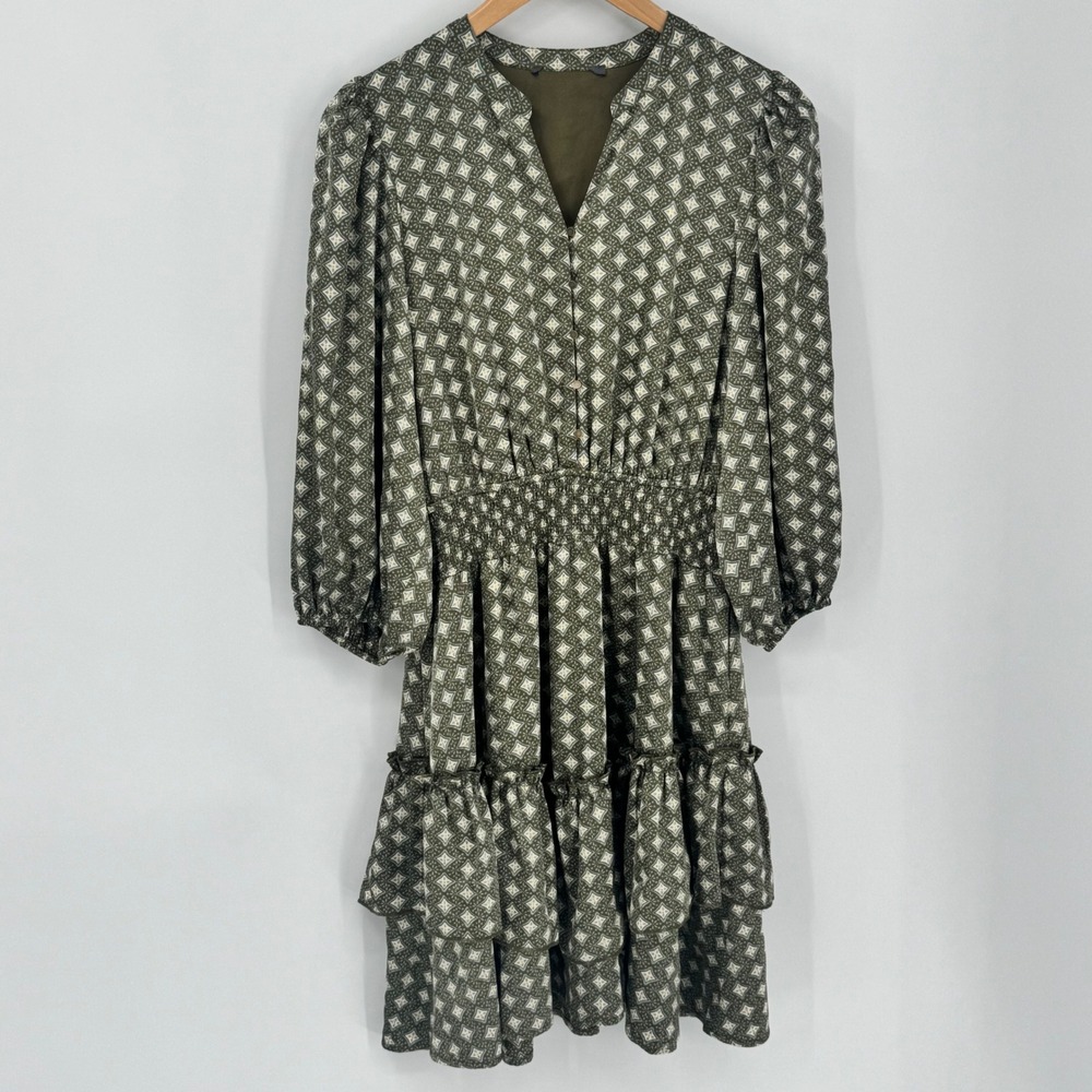 Robbie Bee Geometric Green Tiered Midi Dress Smocked Lantern Est. sz Small
